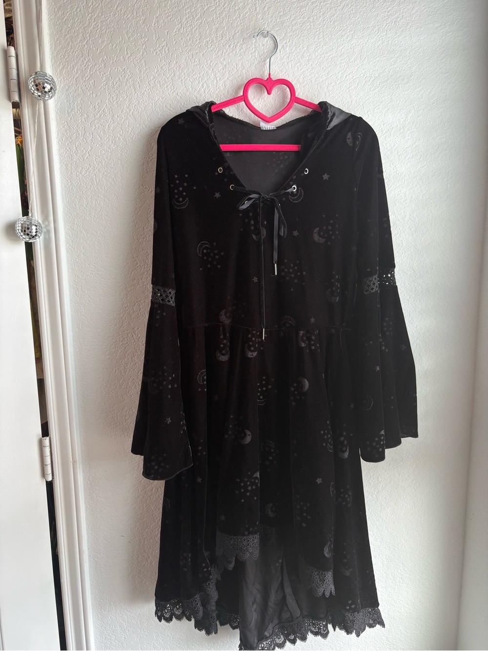 Whimsigoth Black Velvet Moon & Star Hooded Witchy Dress